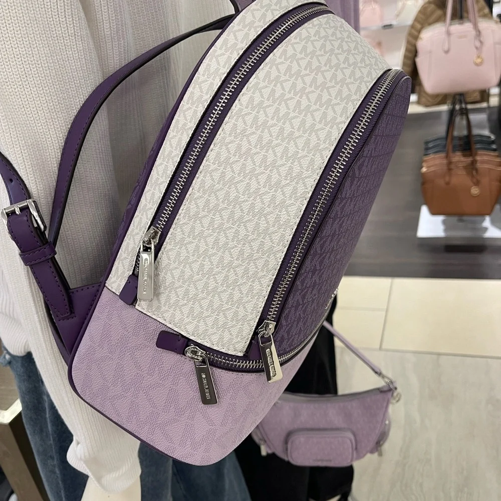 MICHAEL KORS Rhea Medium Zip Color-Block Signature Logo Backpack Dark Purple MLT